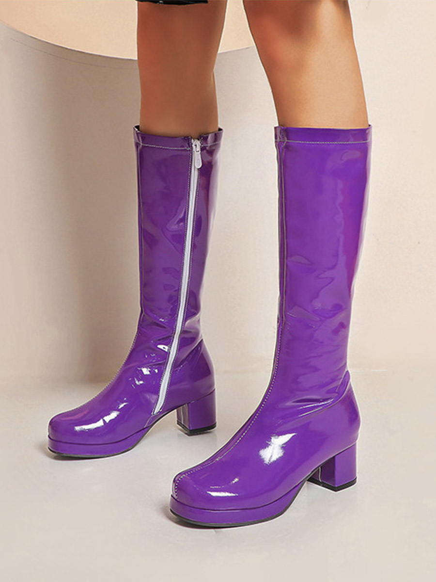 Women’s Purple Patent Leather Side Zipper Chunky Heels Platform Knee High Boots (3)
