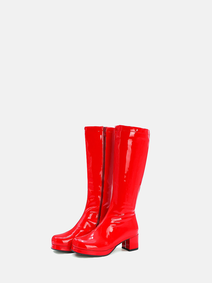 Women’s Red Patent Leather Side Zipper Chunky Heels Platform Knee High Boots