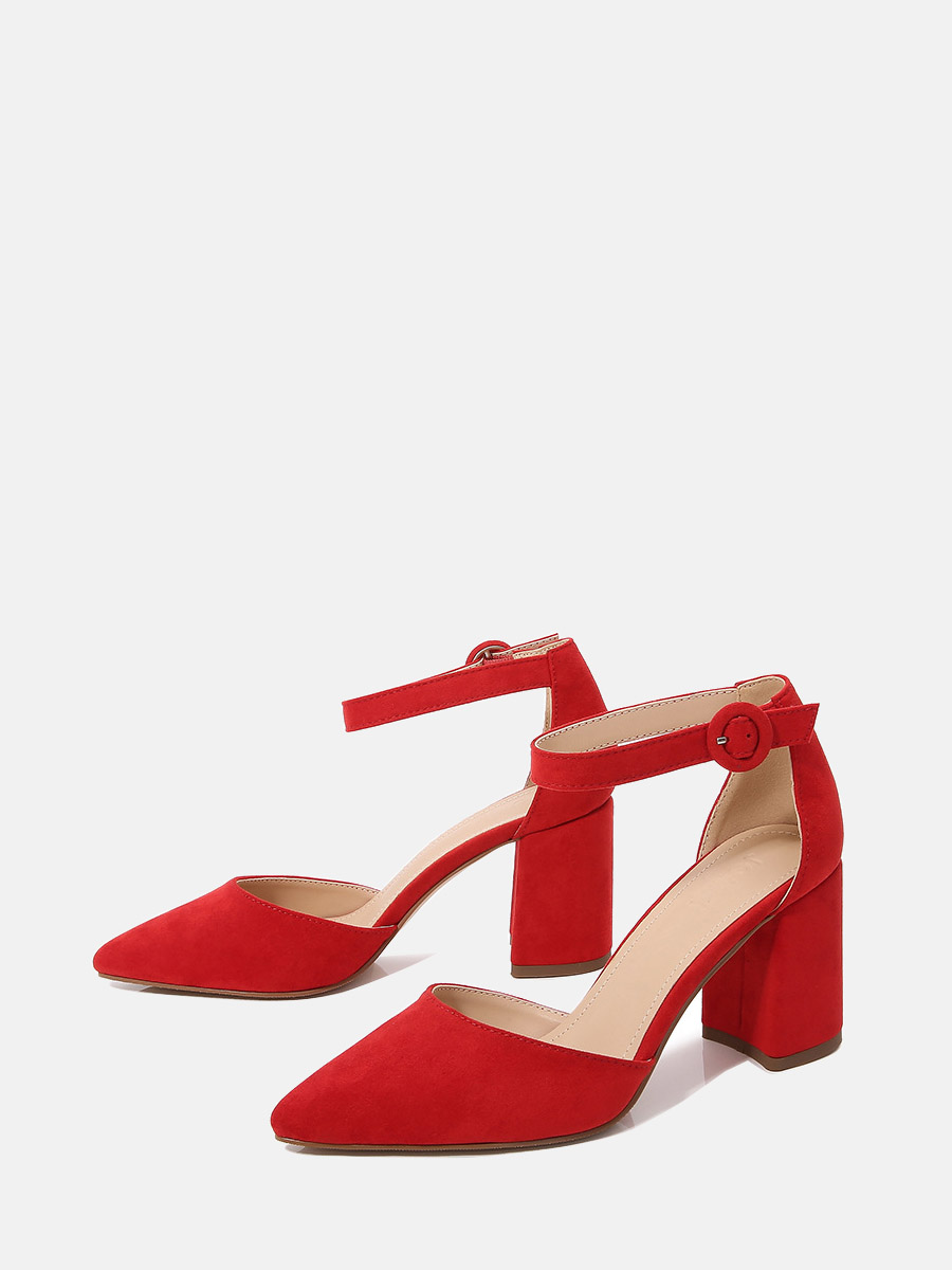 Women’s Red Suede Ankle Strap Pointed Toe Buckle Block Heels D'Orsay Pumps