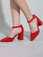 Women’s Red Suede Ankle Strap Pointed Toe Buckle Block Heels D'Orsay Pumps