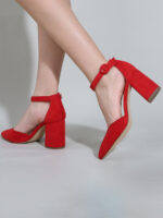 Women’s Red Suede Ankle Strap Pointed Toe Buckle Block Heels D'Orsay Pumps