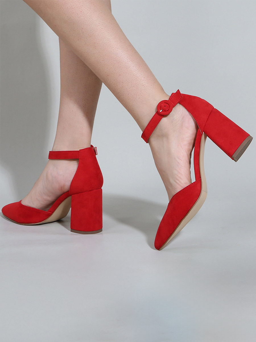 Women’s Red Suede Ankle Strap Pointed Toe Buckle Block Heels D'Orsay Pumps