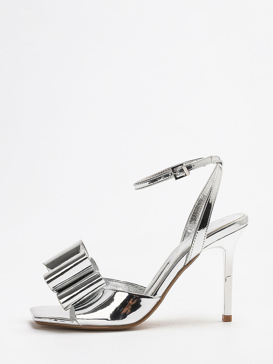 Women’s Silver Mirror Bow Stiletto Heels Buckle Ankle Strap Square Toe Sandals