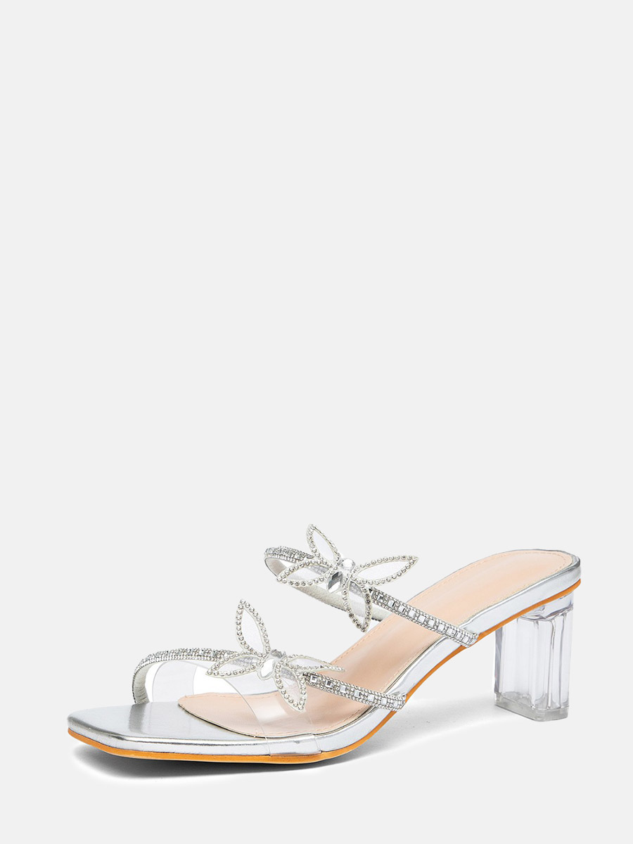 Women’s Silver PU Rhinestone Bow Square Toe Clear Block Heels Mules (1)