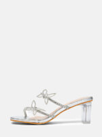 Women’s Silver PU Rhinestone Bow Square Toe Clear Block Heels Mules