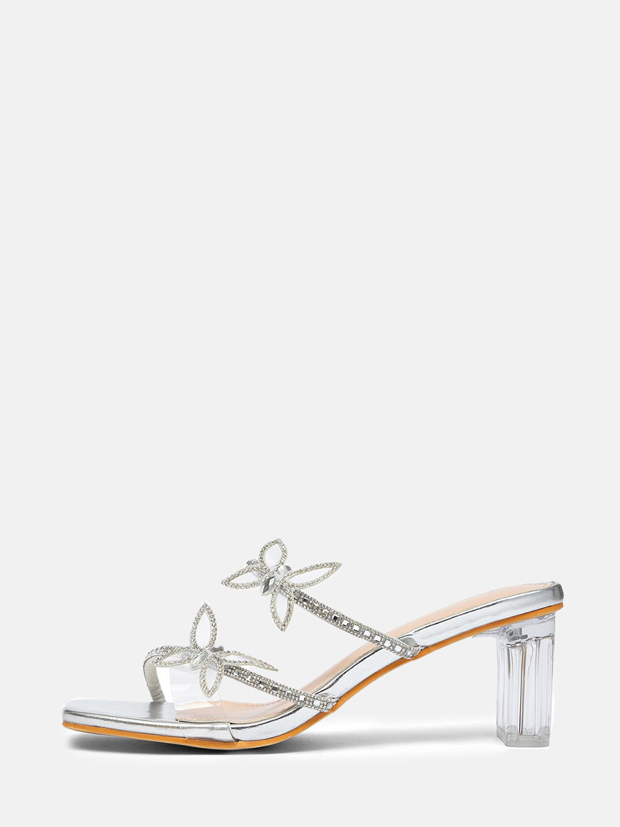 Women’s Silver PU Rhinestone Bow Square Toe Clear Block Heels Mules