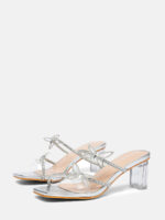 Women’s Silver PU Rhinestone Bow Square Toe Clear Block Heels Mules
