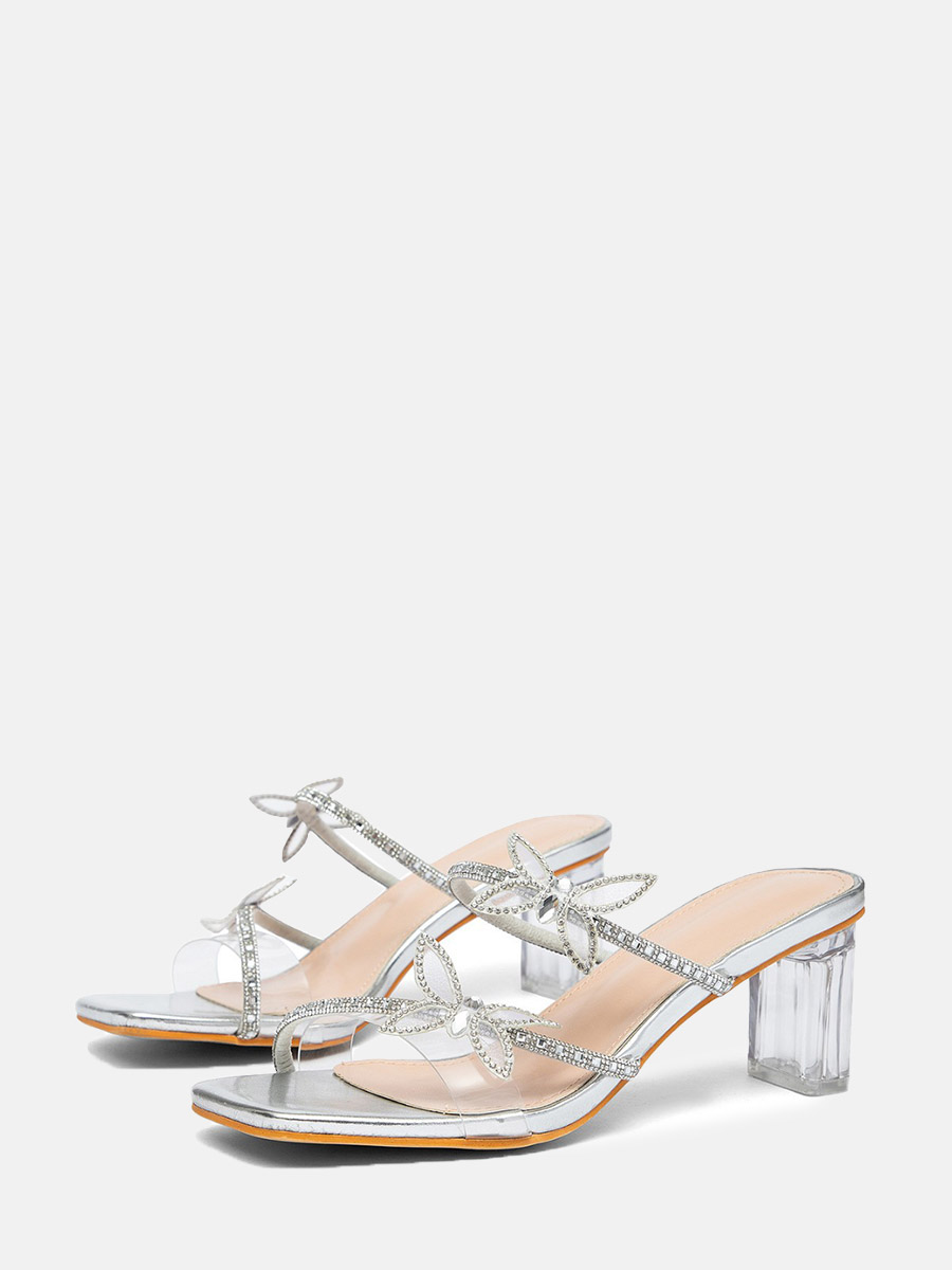 Women’s Silver PU Rhinestone Bow Square Toe Clear Block Heels Mules