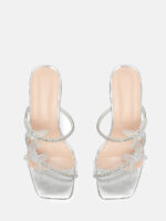Women’s Silver PU Rhinestone Bow Square Toe Clear Block Heels Mules
