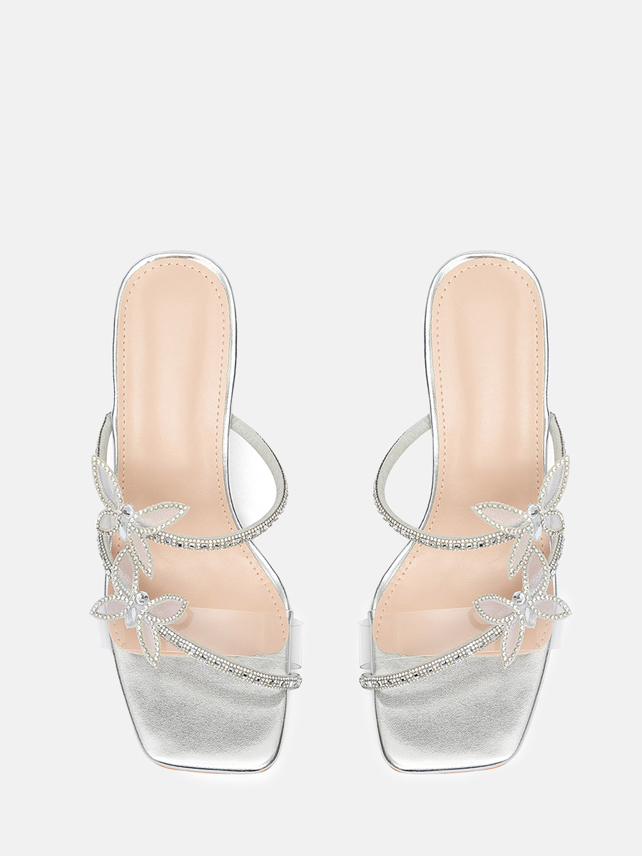 Women’s Silver PU Rhinestone Bow Square Toe Clear Block Heels Mules