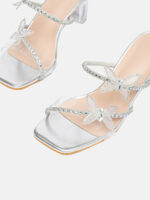 Women’s Silver PU Rhinestone Bow Square Toe Clear Block Heels Mules