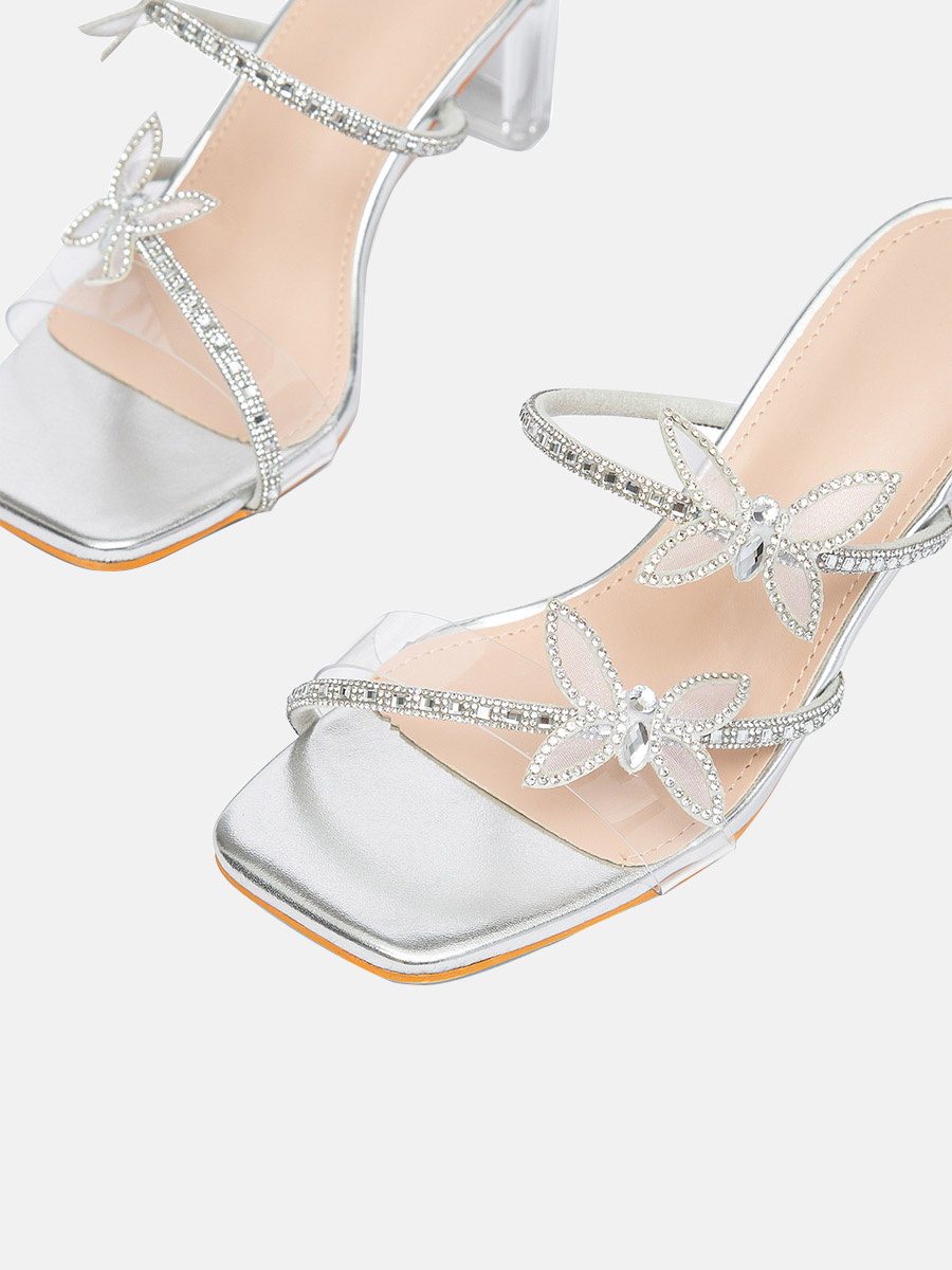 Women’s Silver PU Rhinestone Bow Square Toe Clear Block Heels Mules