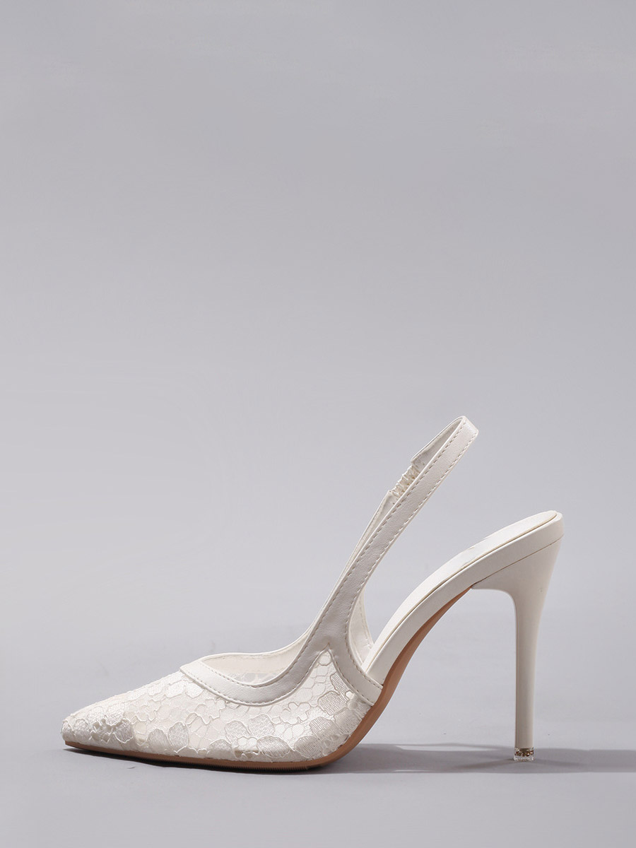 Women’s White Mesh Lace Slingback Stiletto Heels Pointed Toe Pumps