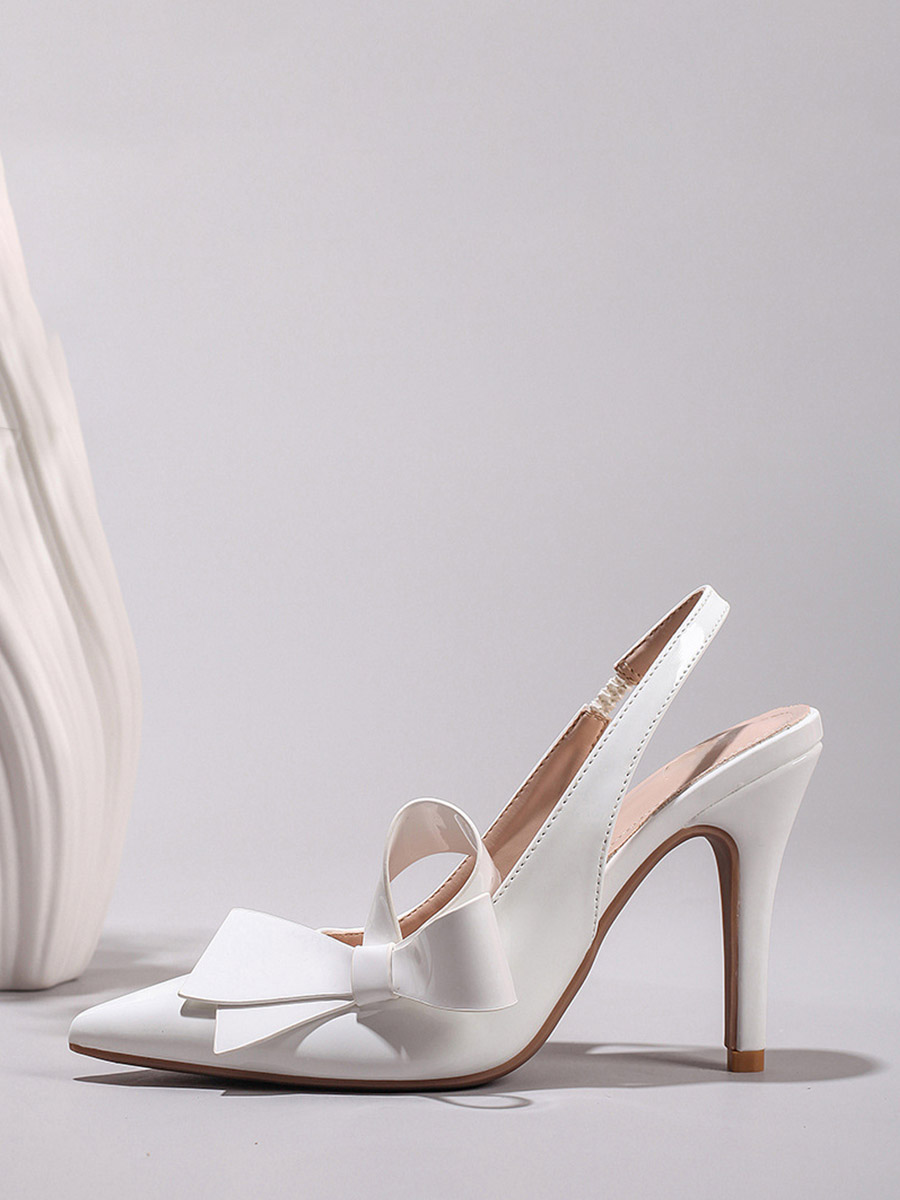 Women’s White Patent Leather Bow Slingback Stiletto Heels Pointed Toe Pumps