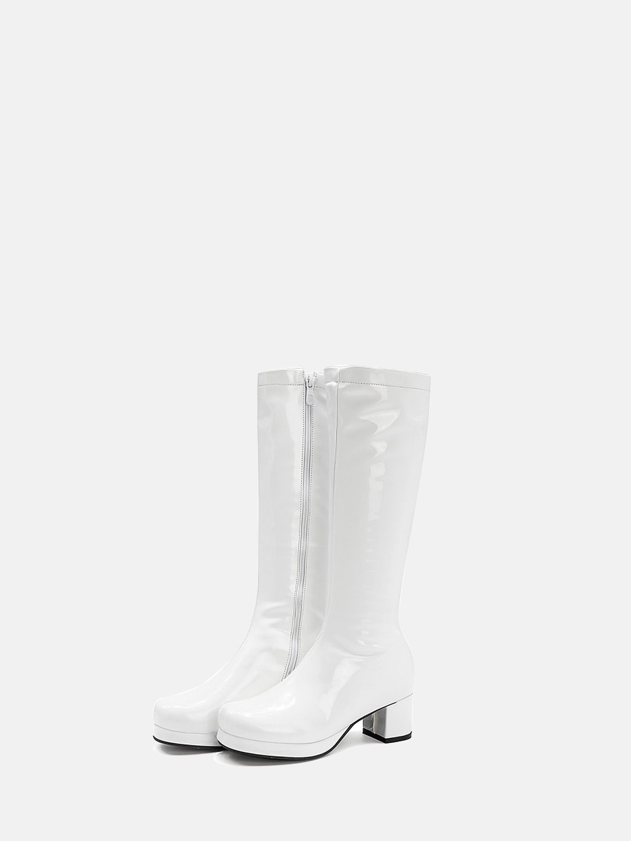 Women’s White Patent Leather Side Zipper Chunky Heels Platform Knee High Boots