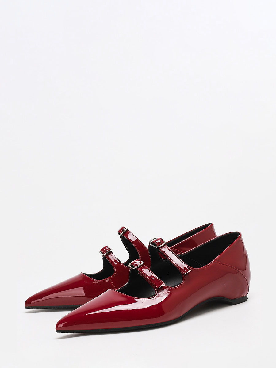 Women’s Wine Red Mirror PU Double Buckle Pointed Toe Mary Jane Flats (1)