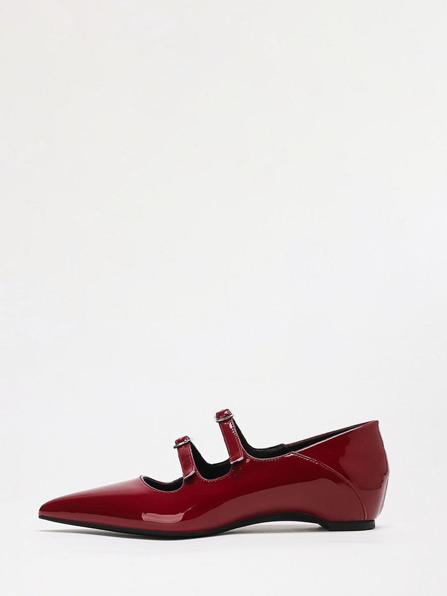 Women’s Wine Red Mirror PU Double Buckle Pointed Toe Mary Jane Flats