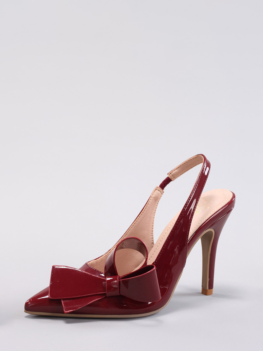 Women’s Wine Red Patent Leather Bow Slingback Stiletto Heels Pointed Toe Pumps