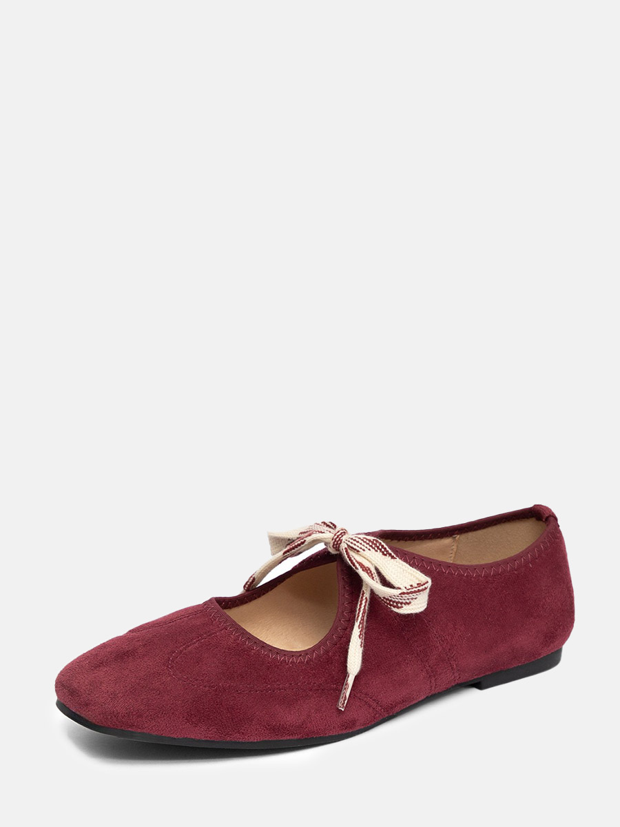 Women’s Wine Red Suede Lace-Up Square Toe Ballet Flats (1)