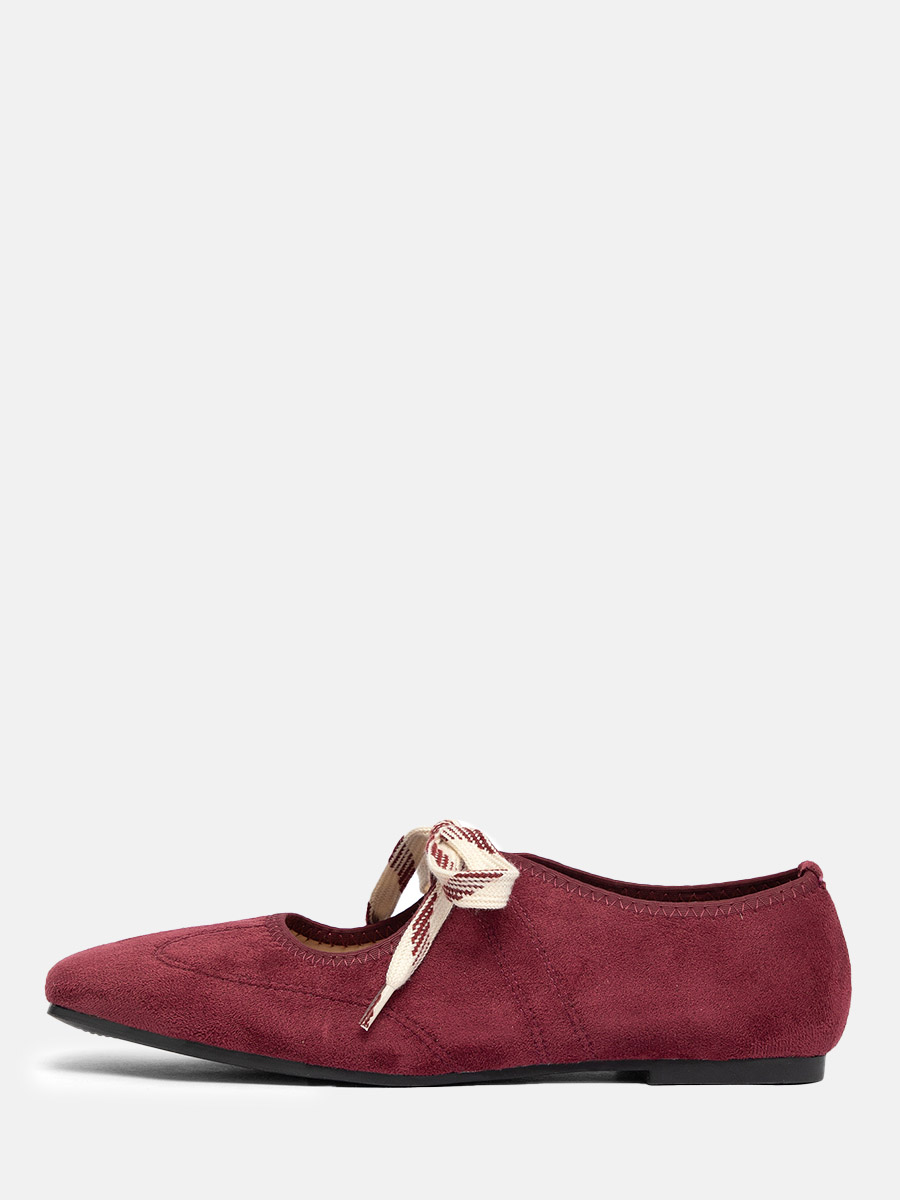 Women’s Wine Red Suede Lace-Up Square Toe Ballet Flats