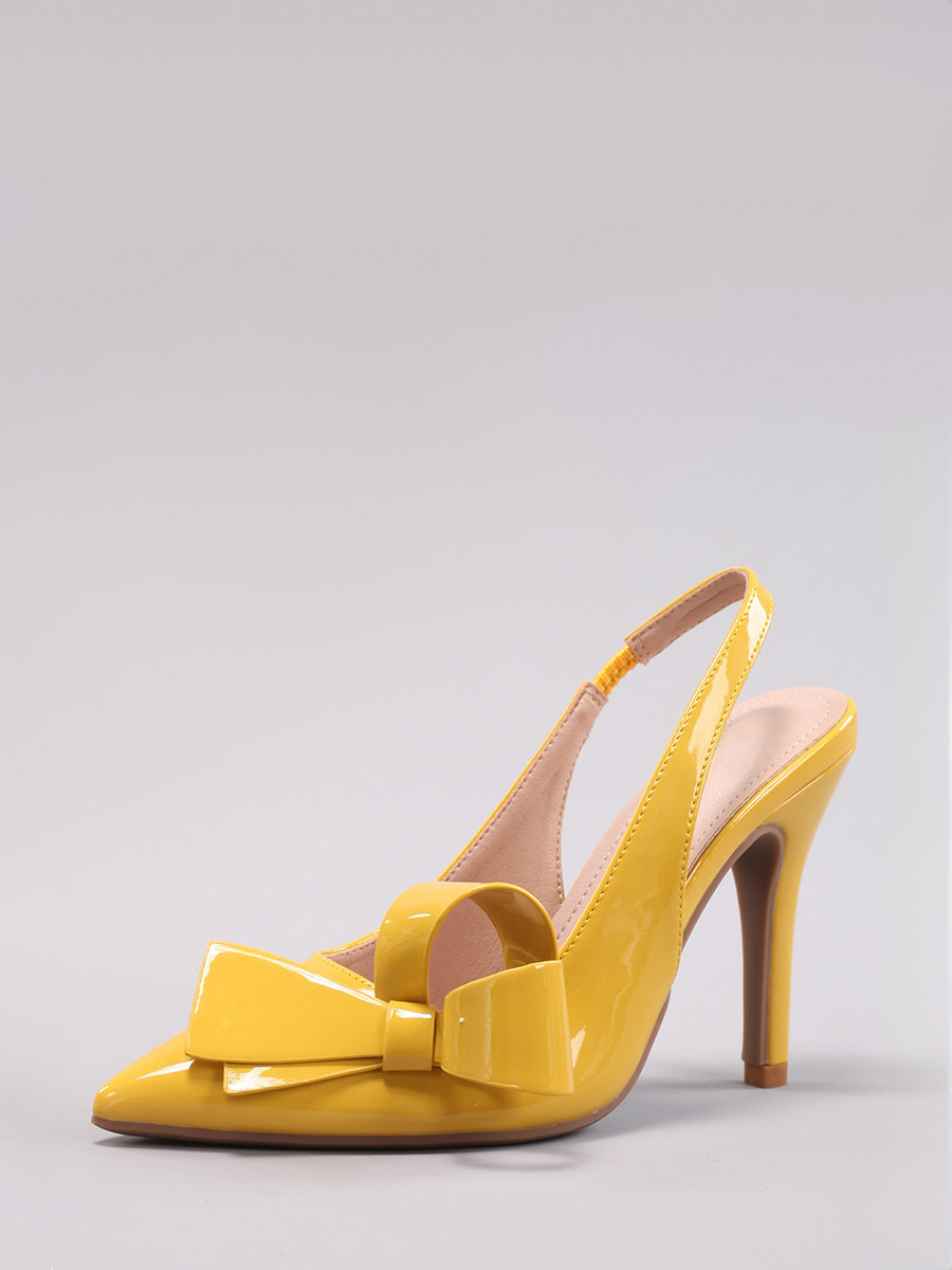 Women’s Yellow Patent Leather Bow Slingback Stiletto Heels Pointed Toe Pumps