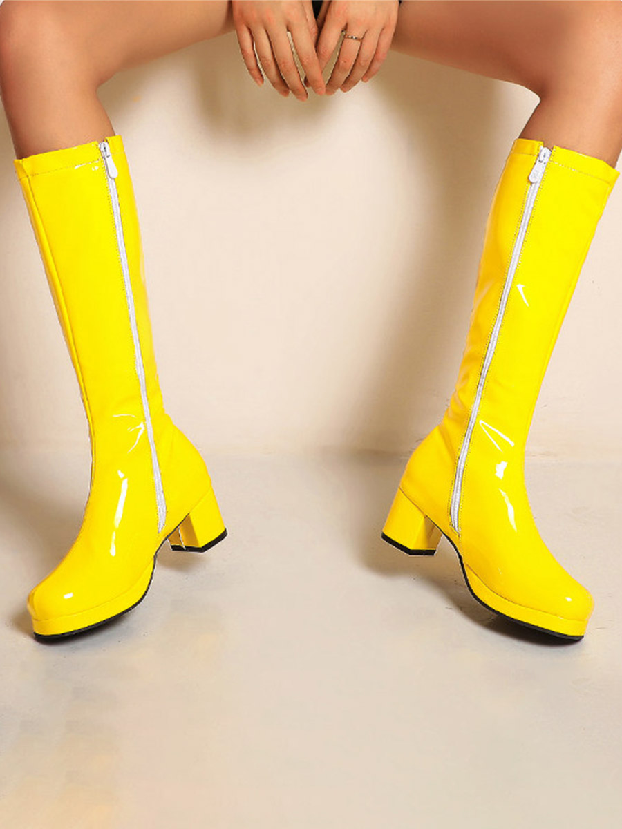 Women's Yellow Patent Leather Side Zipper Chunky Heels Platform
