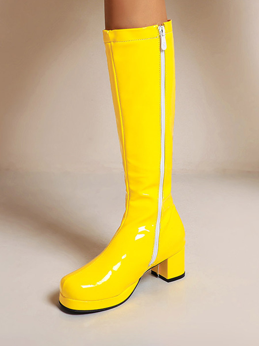 Women’s Yellow Patent Leather Side Zipper Chunky Heels Platform Knee High Boots (5)