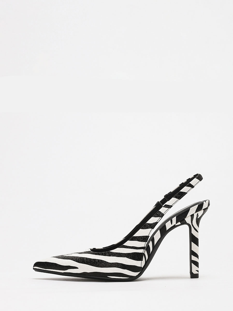 Women’s White Zebra Print Synthetic Leather Slingback Pointed Toe Stiletto Heels Pumps