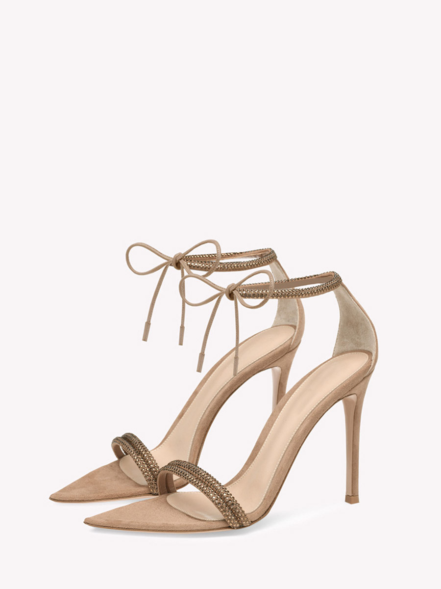 Women’s Apricot Satin Pointed Toe Rhinestone Ankle Strap Stiletto Heels Sandals (1)