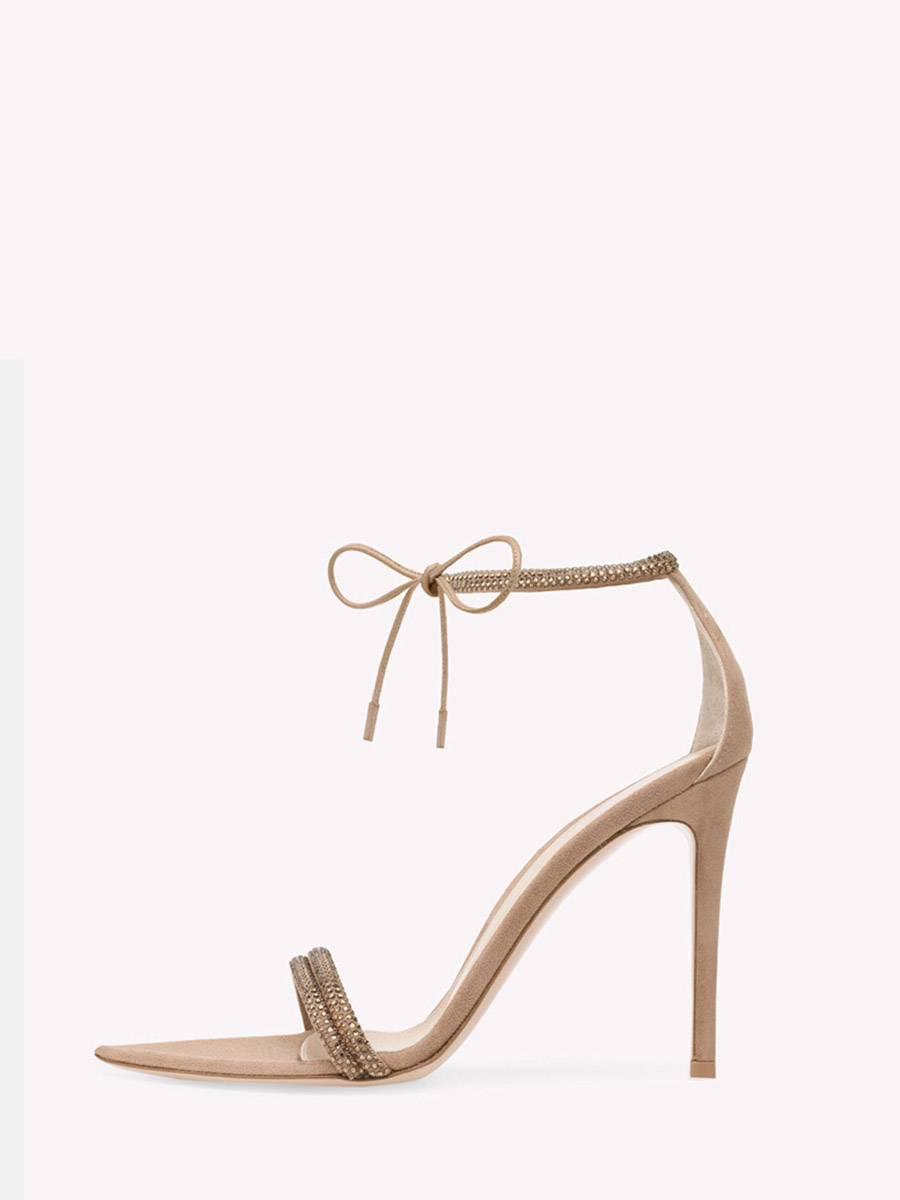Women’s Apricot Satin Pointed Toe Rhinestone Ankle Strap Stiletto Heels Sandals
