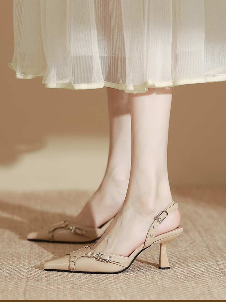 Women’s Apricot Synthetic Buckle Slingback Pointed Toe Spool Heel Pumps (4)