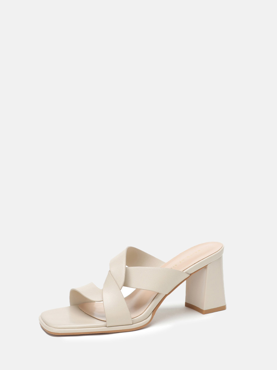 Women’s Beige Leather Crisscross Block Heels Square Toe Mules (1)