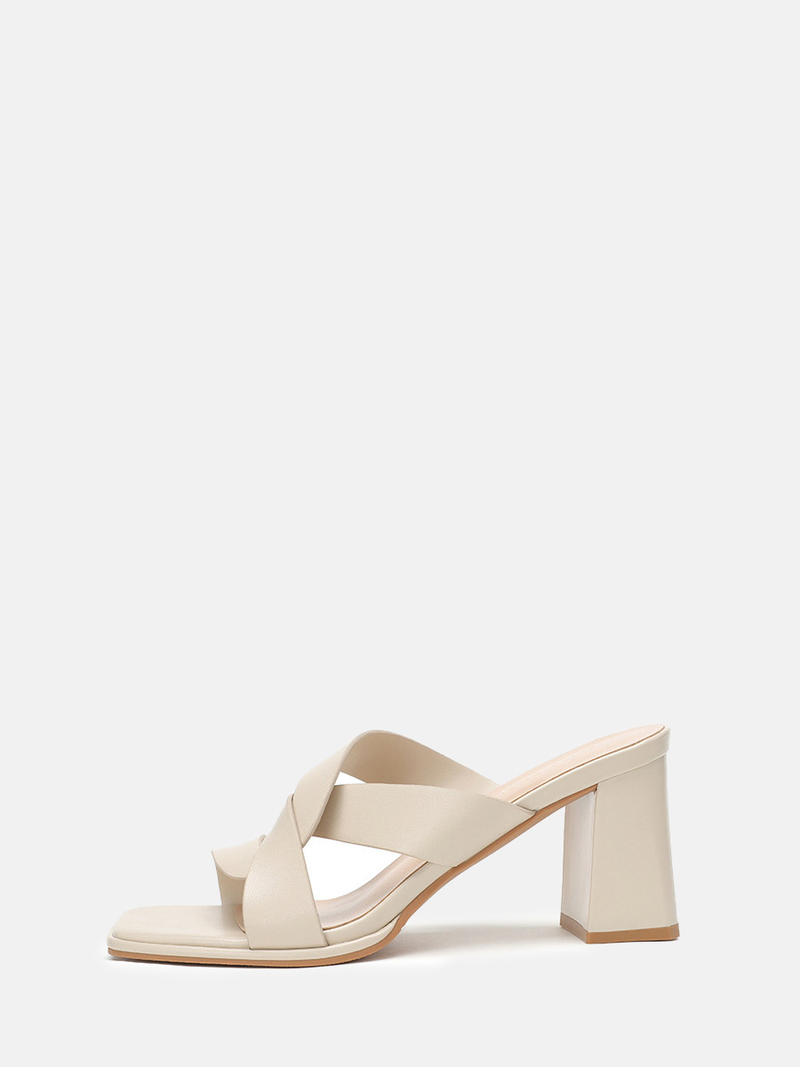 Women’s Beige Leather Crisscross Block Heels Square Toe Mules