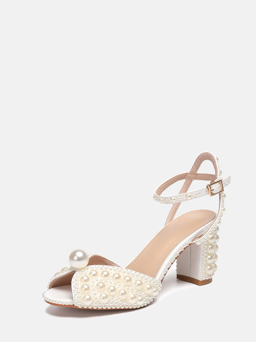 Women’s Beige PU Pearl Ankle Strap Buckle Peep Toe Block Heels Sandals (1)