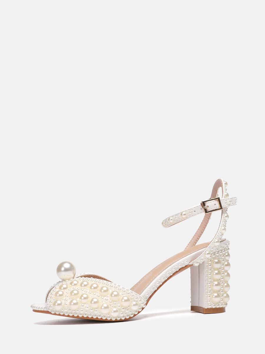 Women’s Beige PU Pearl Ankle Strap Buckle Peep Toe Block Heels Wedding Sandals