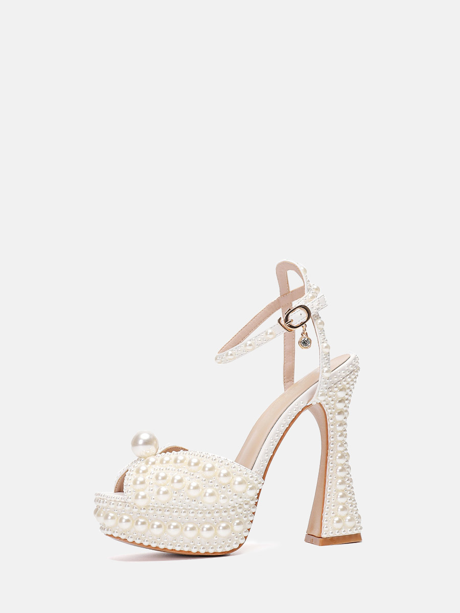 Women’s Beige PU Pearl Embellished Ankle Strap Buckle Platform Spool Heels Wedding Sandals