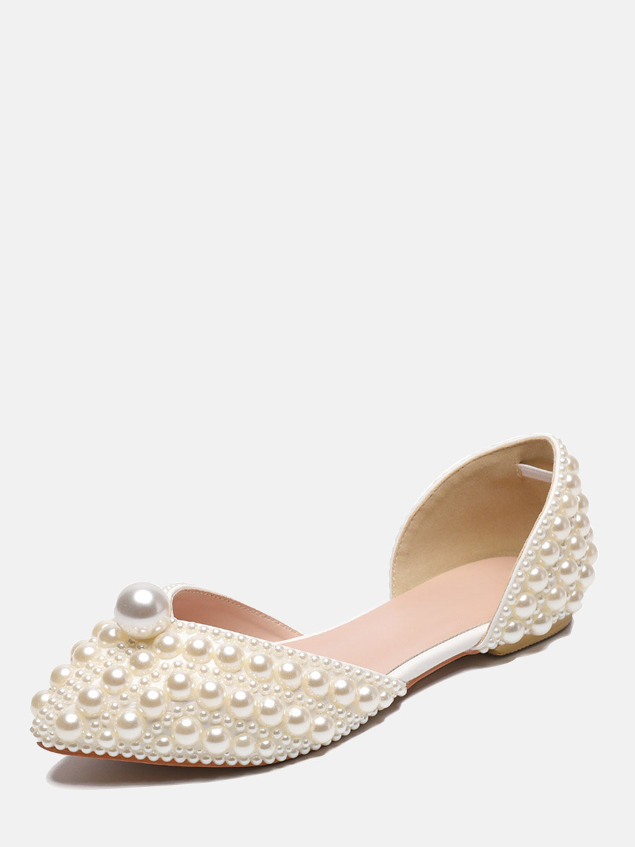 Women’s Beige PU Pearl Embellished Pointed Toe D’Orsay Flats (1)