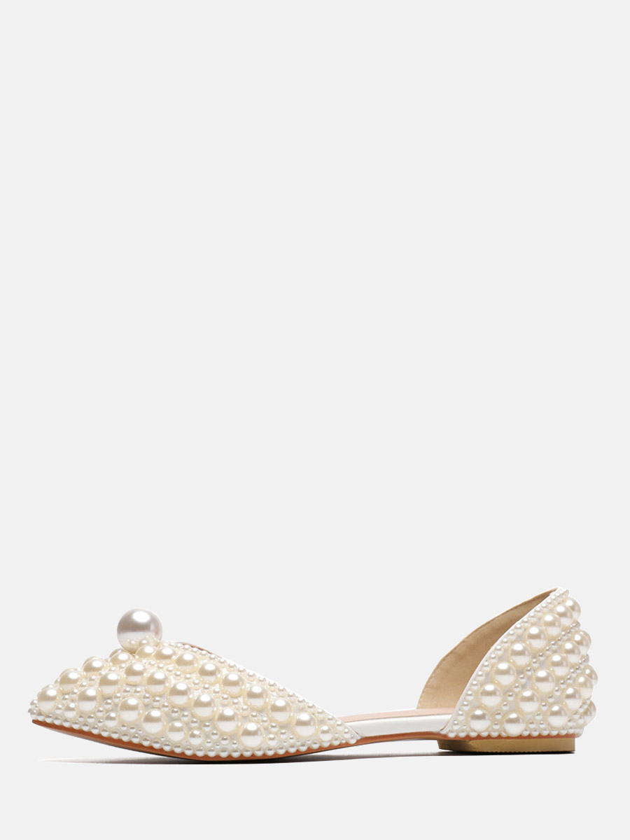 Women’s Beige PU Pearl Embellished Pointed Toe D'Orsay Flats