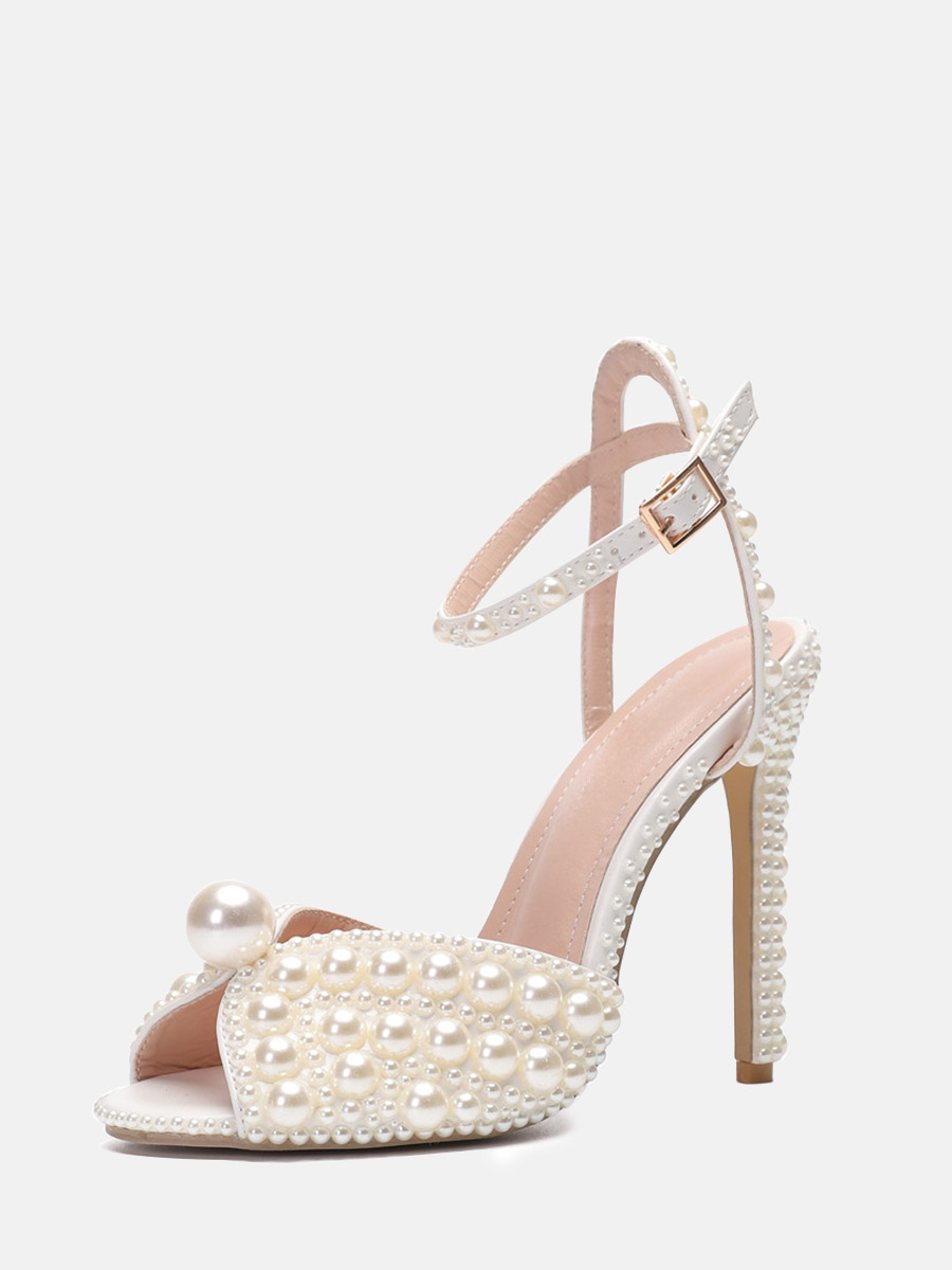 Women’s Beige Pearl PU Ankle Strap Stiletto Heels Peep Toe Wedding Sandals
