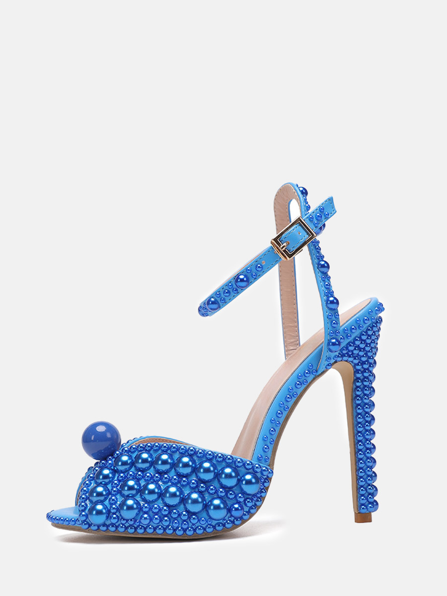 Women’s Blue Pearl PU Ankle Strap Stiletto Heels Peep Toe Sandals