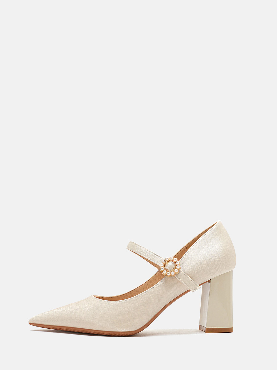 Women’s Beige Satin Mary Jane Pearl Buckle Block Heels Pointed Toe Pumps