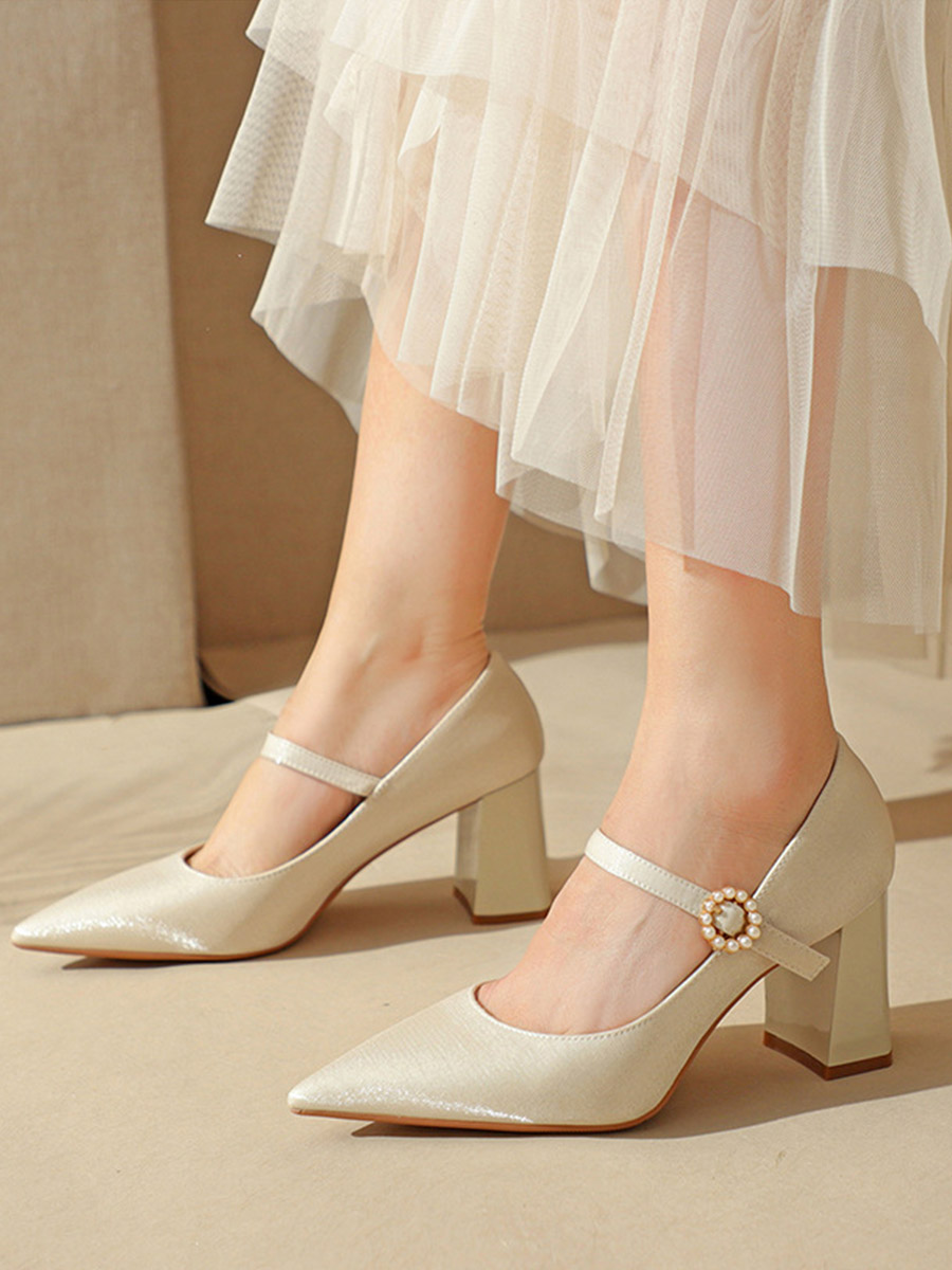 Women’s Beige Satin Mary Jane Pearl Buckle Block Heels Pointed Toe Pumps (6)