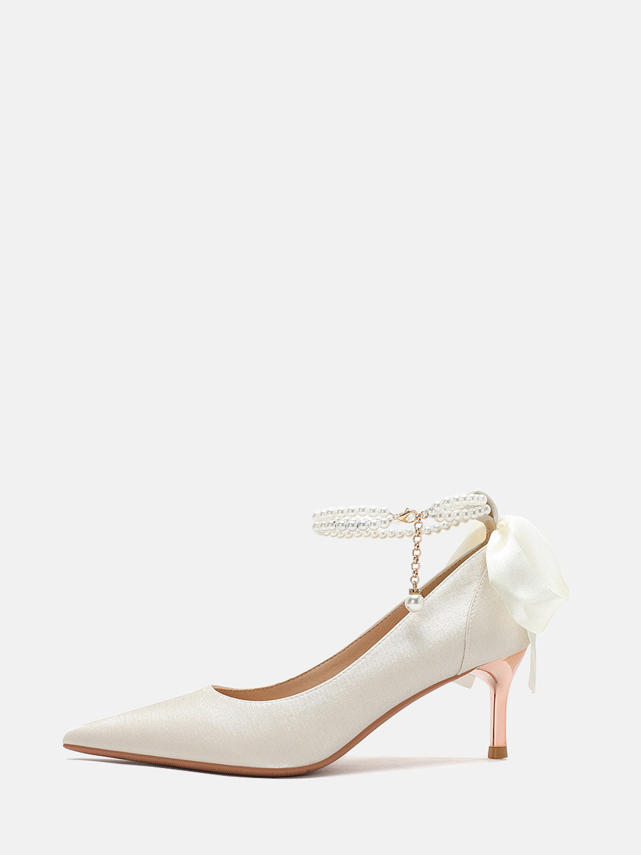 Women’s Beige Satin Pointed Toe Pearl Ankle Strap Bow Kitten Heels Wedding Pumps