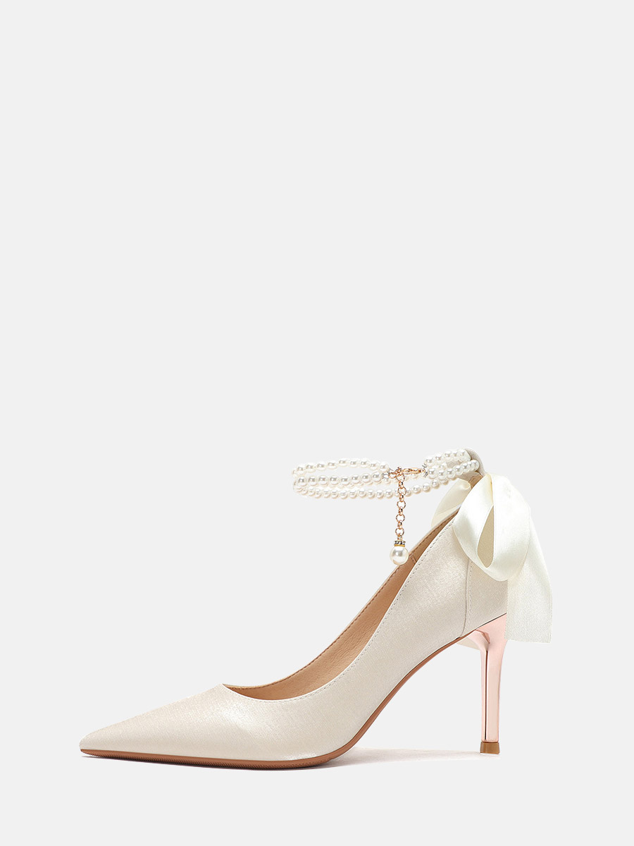 Women’s Beige Satin Pointed Toe Pearl Ankle Strap Bow Stiletto Heels Wedding Pumps