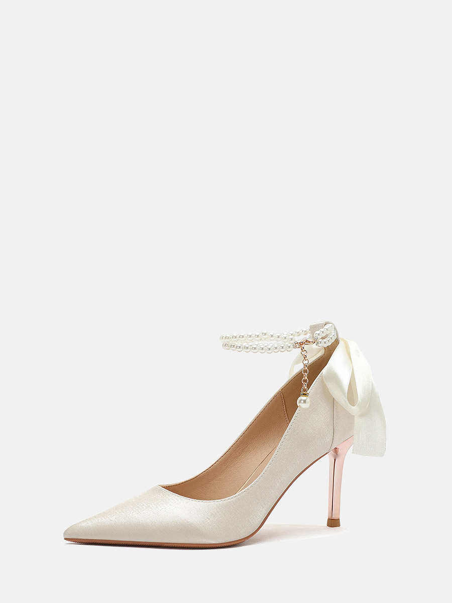 Women’s Beige Satin Pointed Toe Pearl Ankle Strap Bow Stiletto Heels Pumps (2)