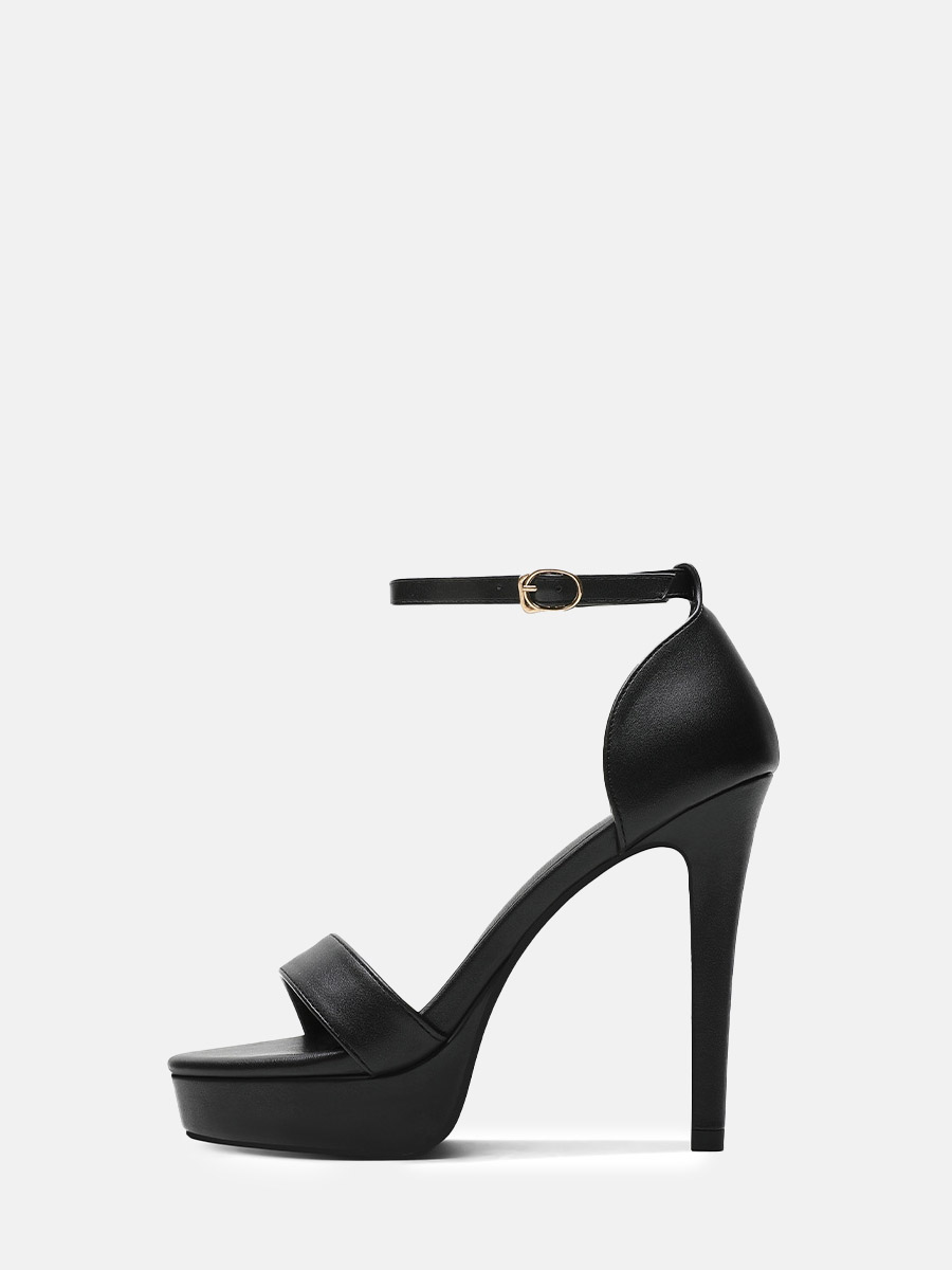 Women’s Black Microfiber Leather Ankle Strap Buckle Platform Stiletto Heels Sandals