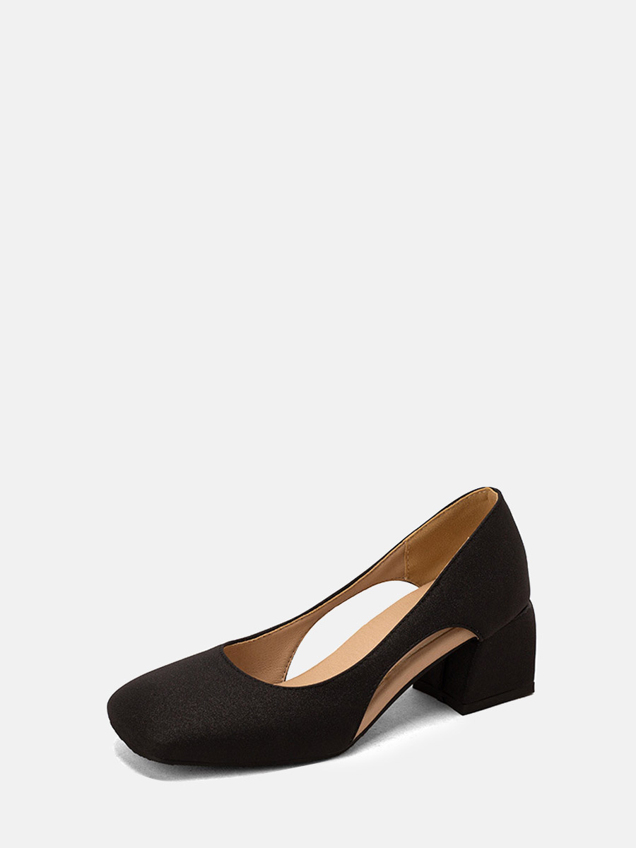 Women’s Black Microfiber Square Toe Cut-out Block Heels Pumps (1)