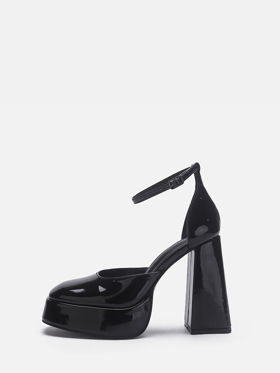 Women’s Black Patent Leather Buckle Ankle Strap Platform Block Heels D'Orsay Pumps