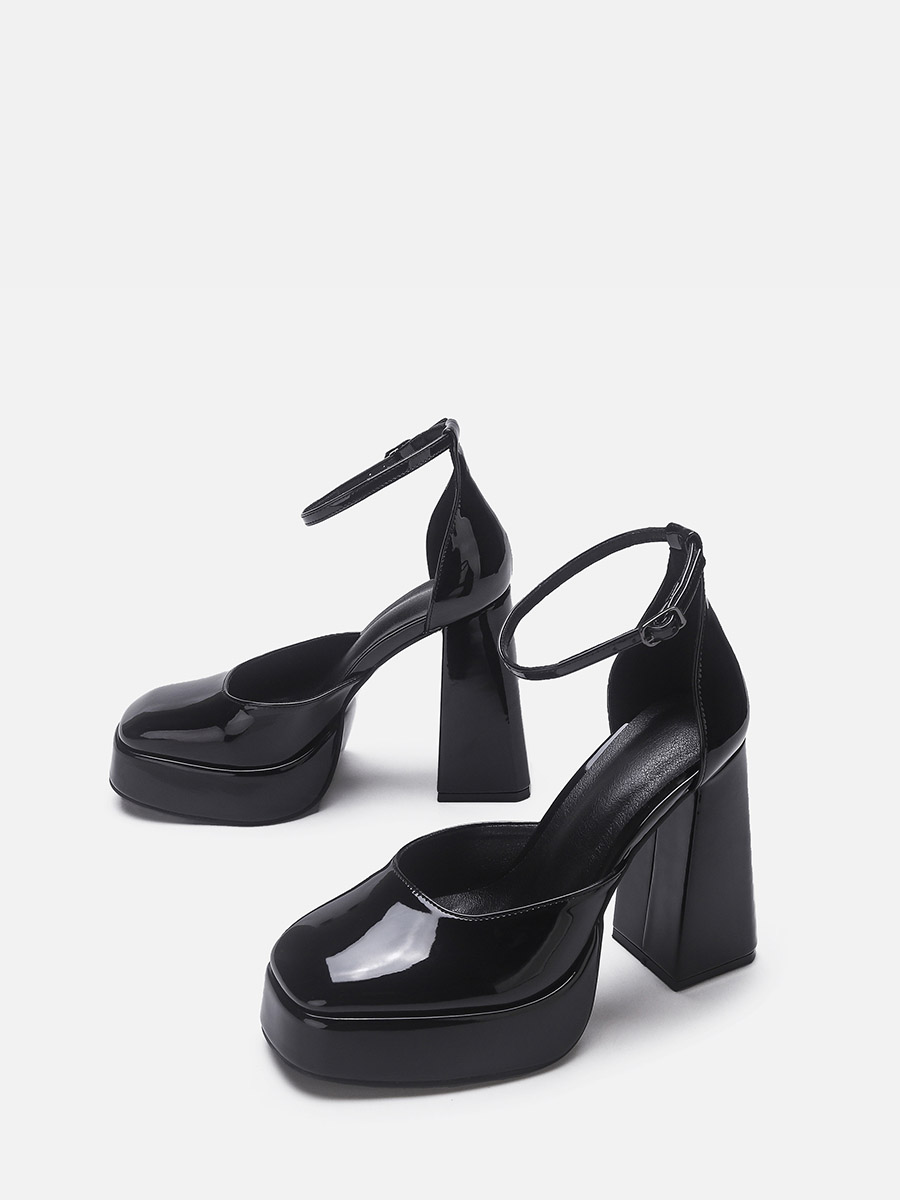 Women’s Black Patent Leather Buckle Ankle Strap Platform Block Heels D’Orsay Pumps (4)