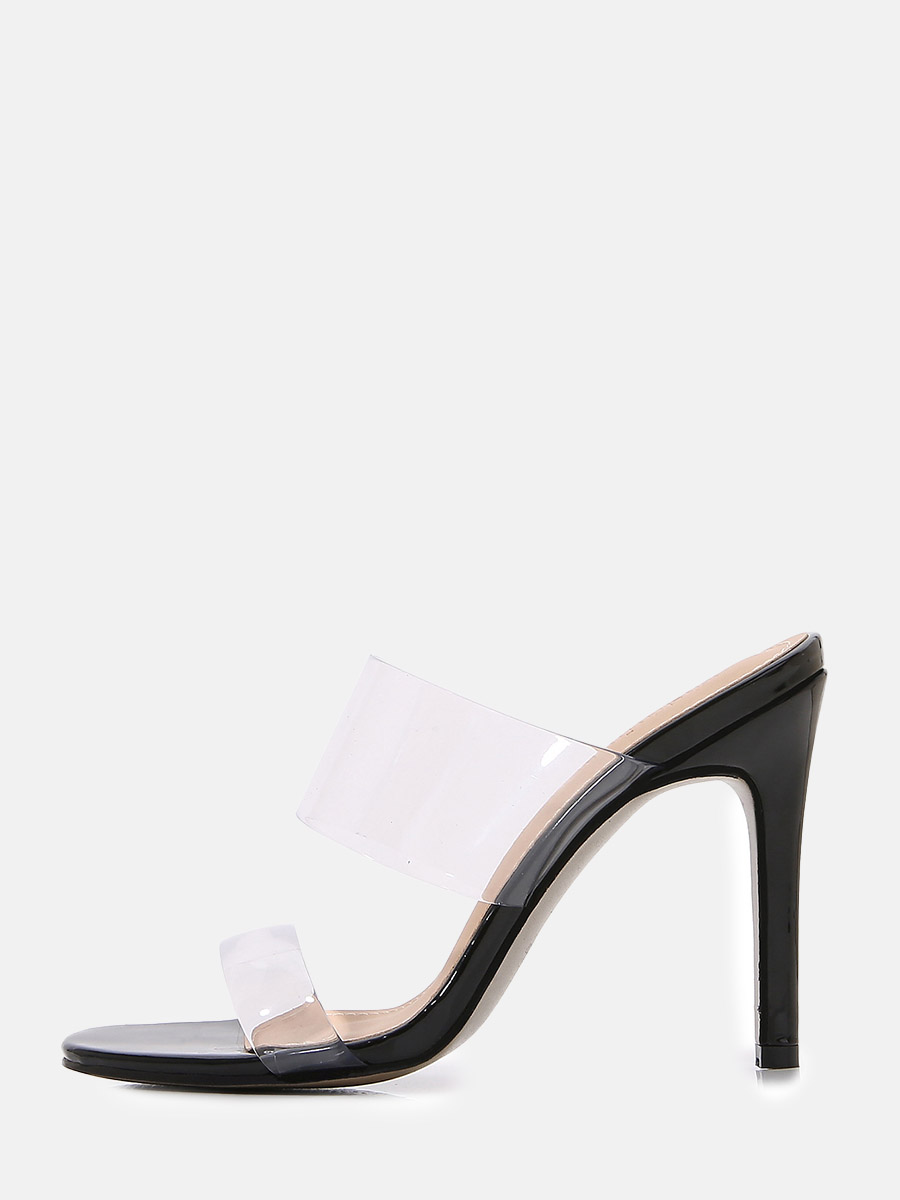 Women’s Black Patent Leather Clear Strap Square Toe Stiletto Heels Mule Sandals